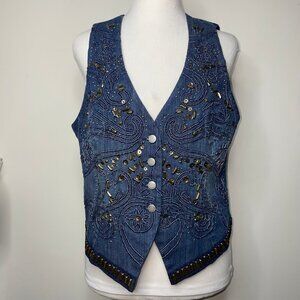 Armand Ventilo Embellished Denim Vest Studs Rivet Beads Applique Western Boho